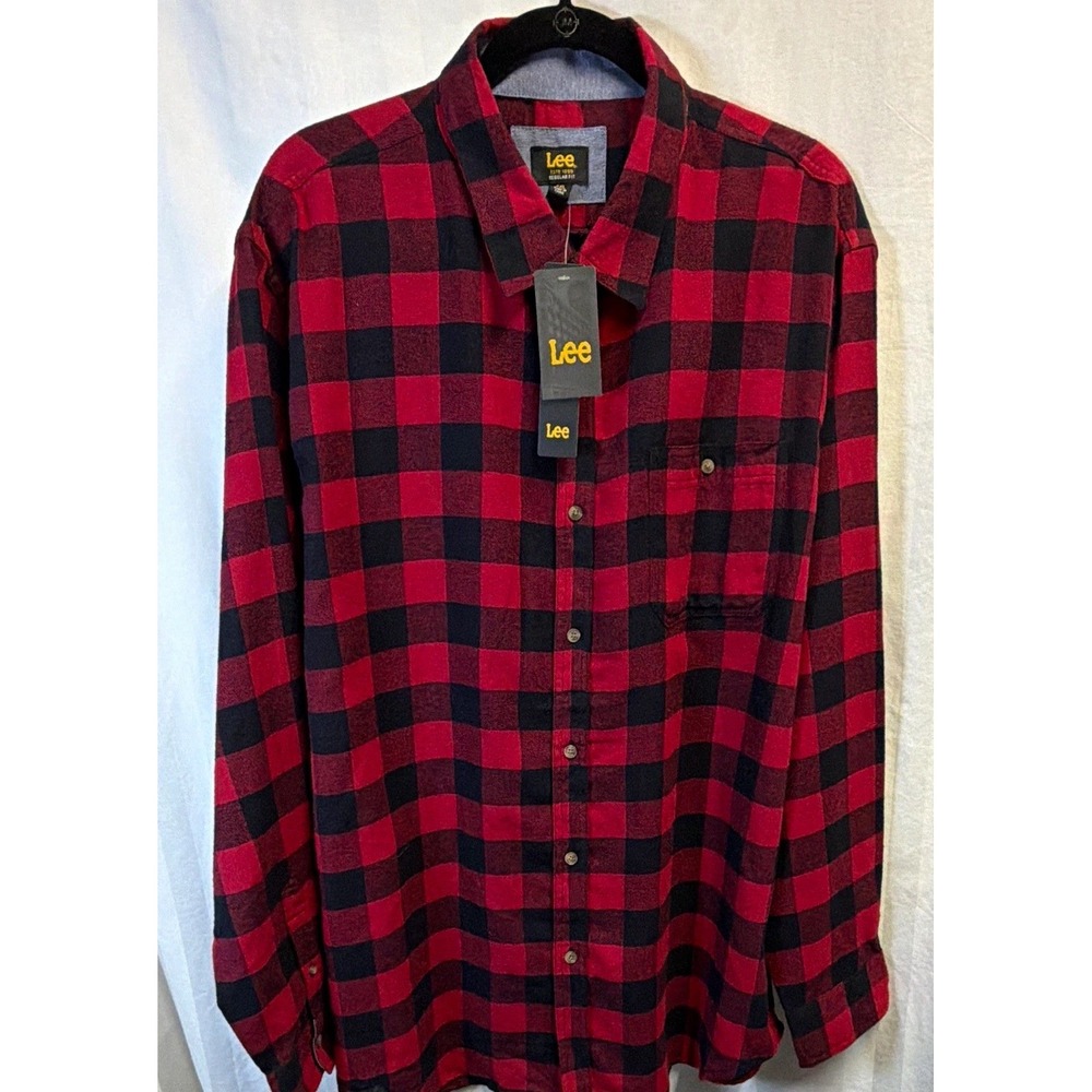 Lee Men 2XL Red Black Plaid Flannel Button-Up Shirt Long Sleeve Regular Fit